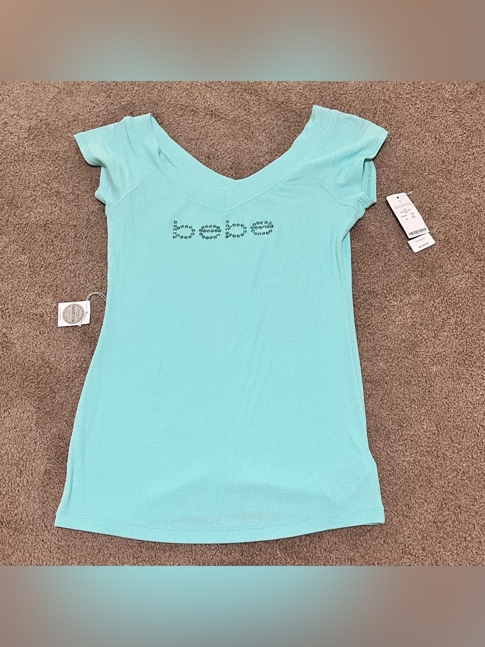 bebe Light Aqua V-Neck Short Sleeve Tee with Crystal Logo